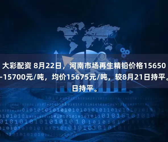 大彩配资 8月22日，河南市场再生精铅价格15650-15700元/吨，均价15675元/吨，较8月21日持平。